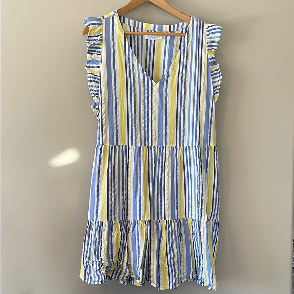 Blue Yellow Striped Sundress With Pockets